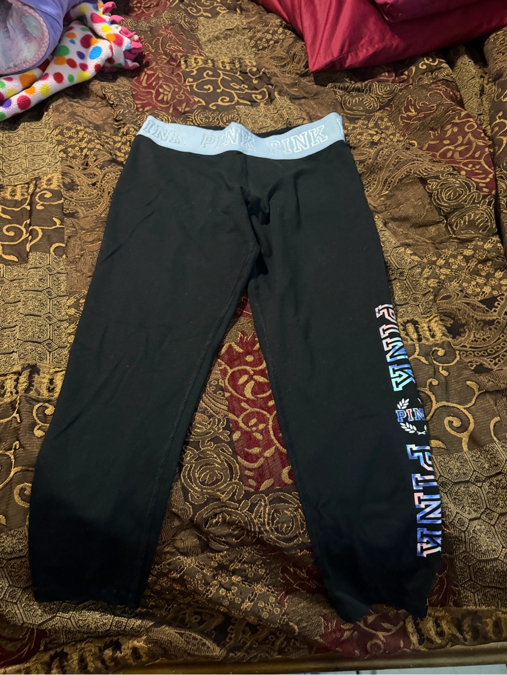 PINK Victoria's Secret Black Capri Leggings with Light Blue Logo Waistband
